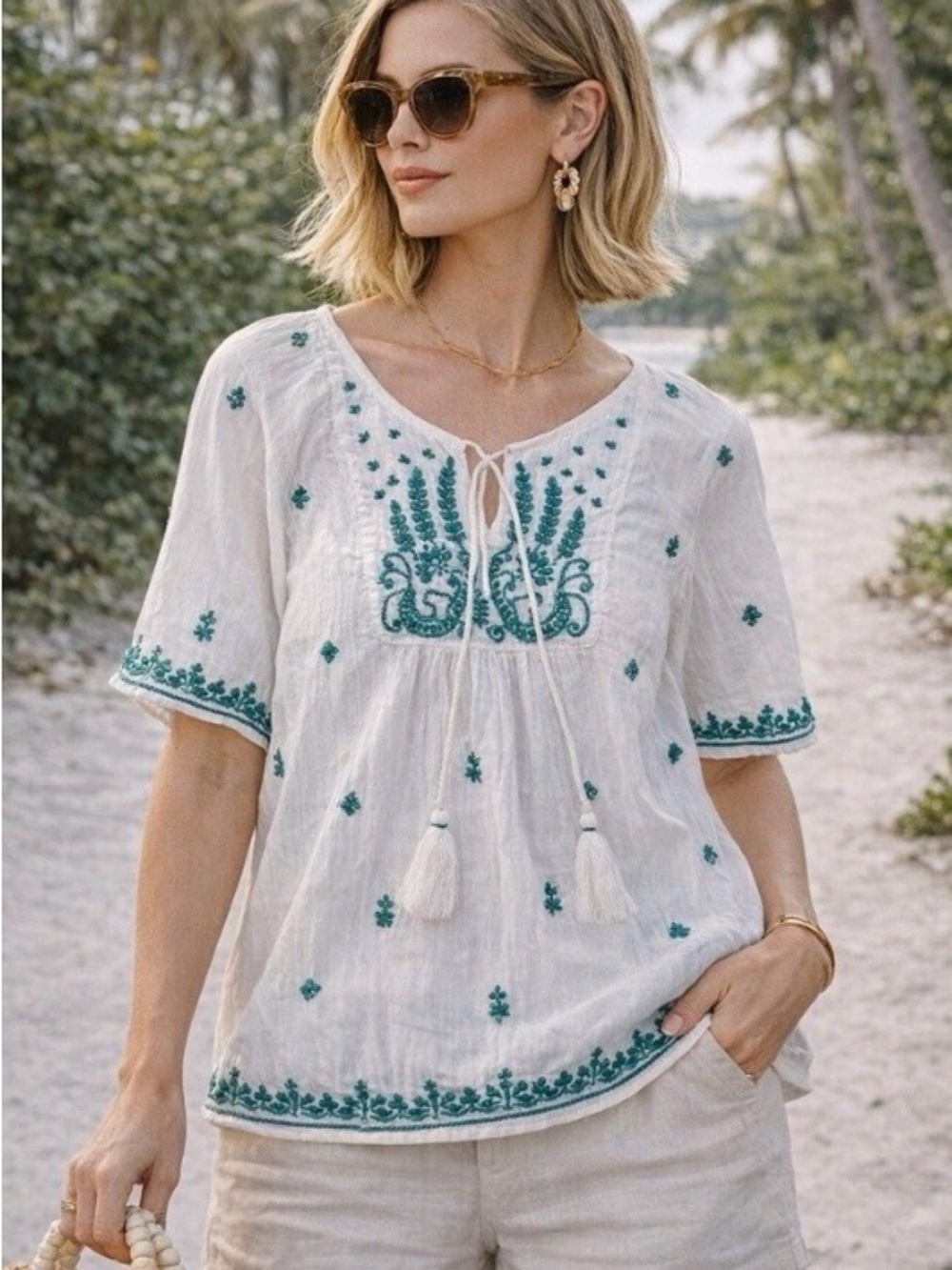 Embroidered White Peasant Top with Teal Accents